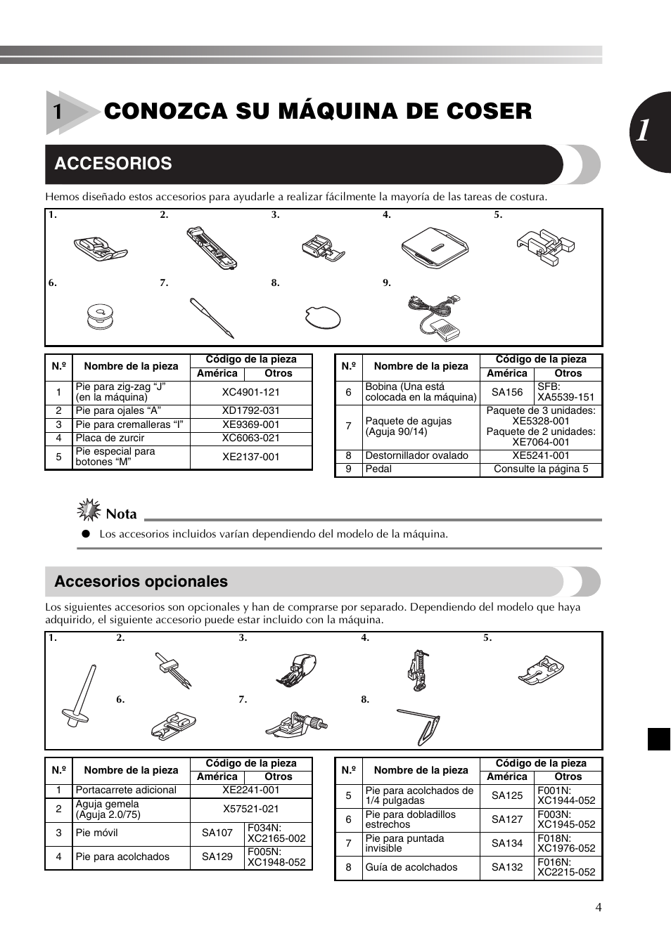 1conozca su máquina de coser, Accesorios, Accesorios opcionales | Nota | Brother XR53 User Manual | Page 57 / 108