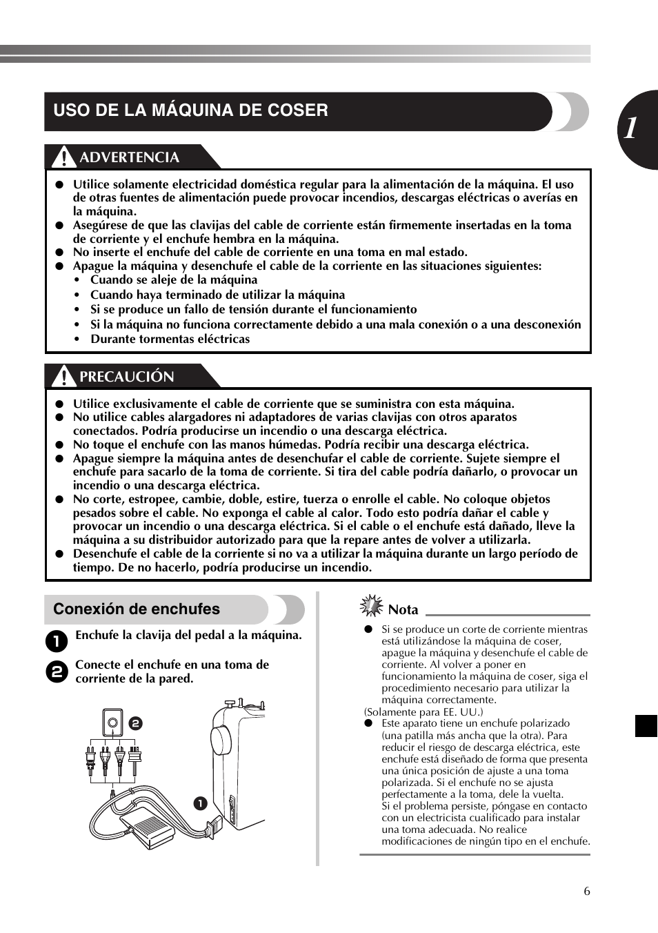 Uso de la máquina de coser, Conexión de enchufes, Advertencia precaución | Nota | Brother XR53 User Manual | Page 59 / 108