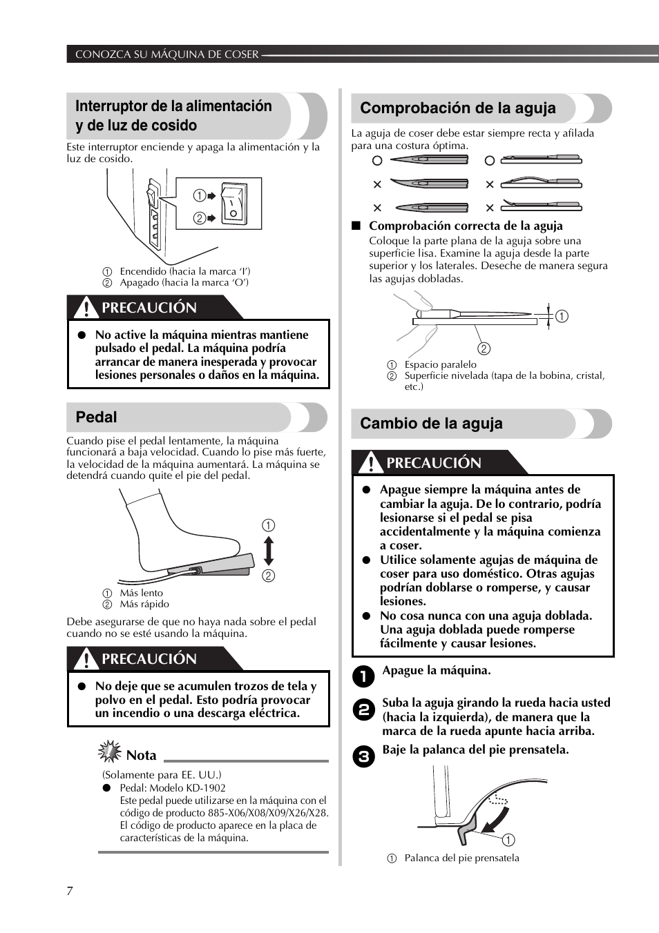 Interruptor de la alimentación y de luz de cosido, Pedal, Comprobación de la aguja | Cambio de la aguja, Precaución, Nota | Brother XR53 User Manual | Page 60 / 108