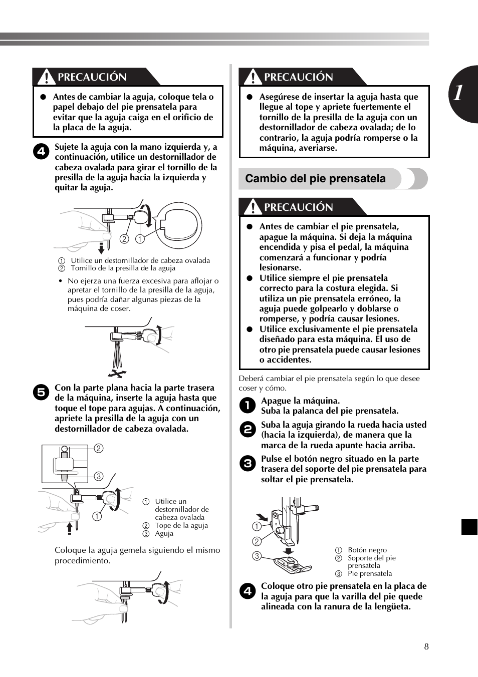 Cambio del pie prensatela, Precaución | Brother XR53 User Manual | Page 61 / 108