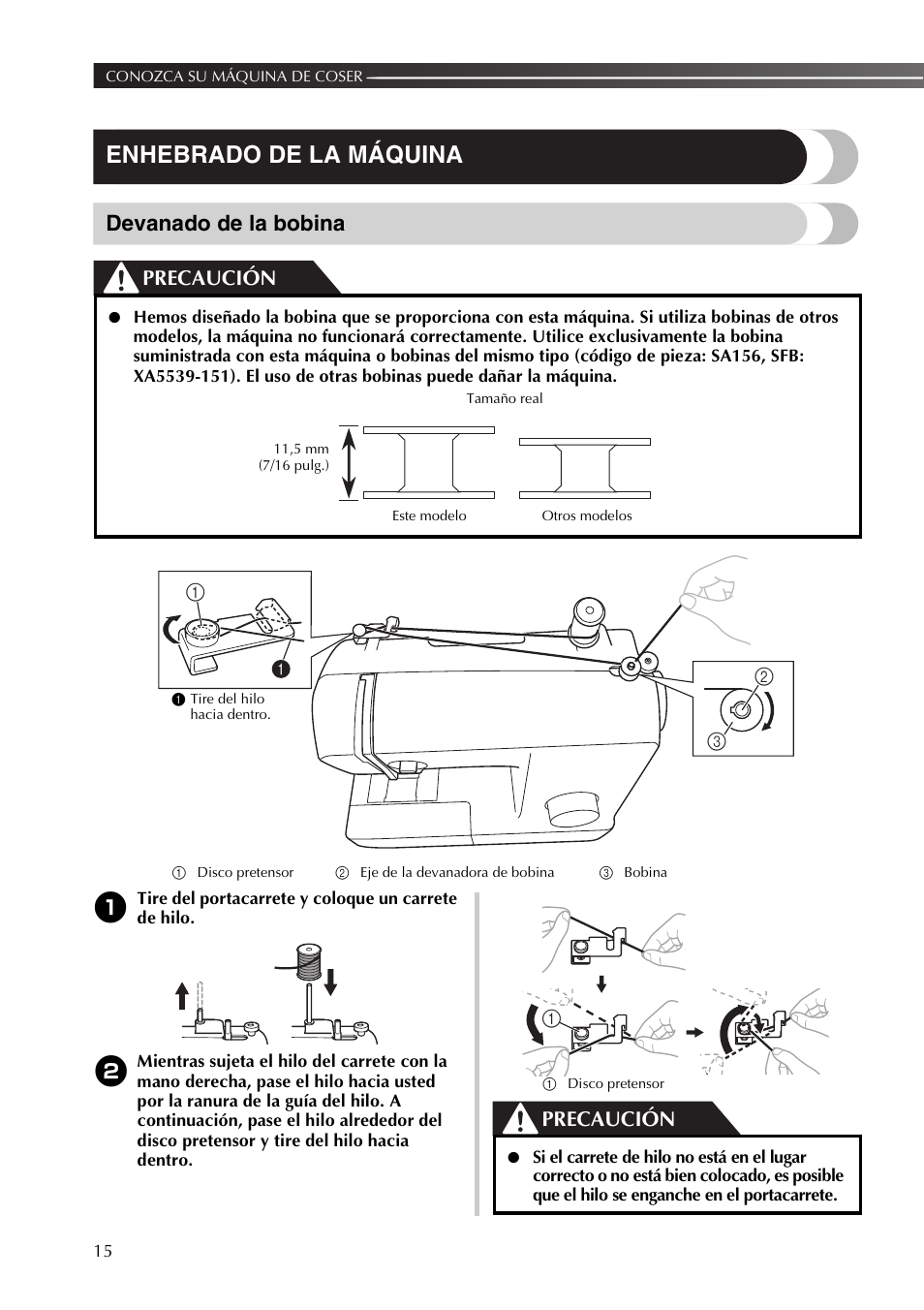 Enhebrado de la máquina, Devanado de la bobina, Precaución | Brother XR53 User Manual | Page 68 / 108