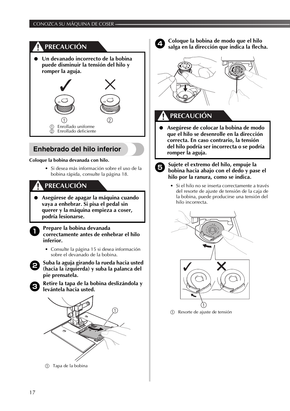 Enhebrado del hilo inferior, Precaución | Brother XR53 User Manual | Page 70 / 108