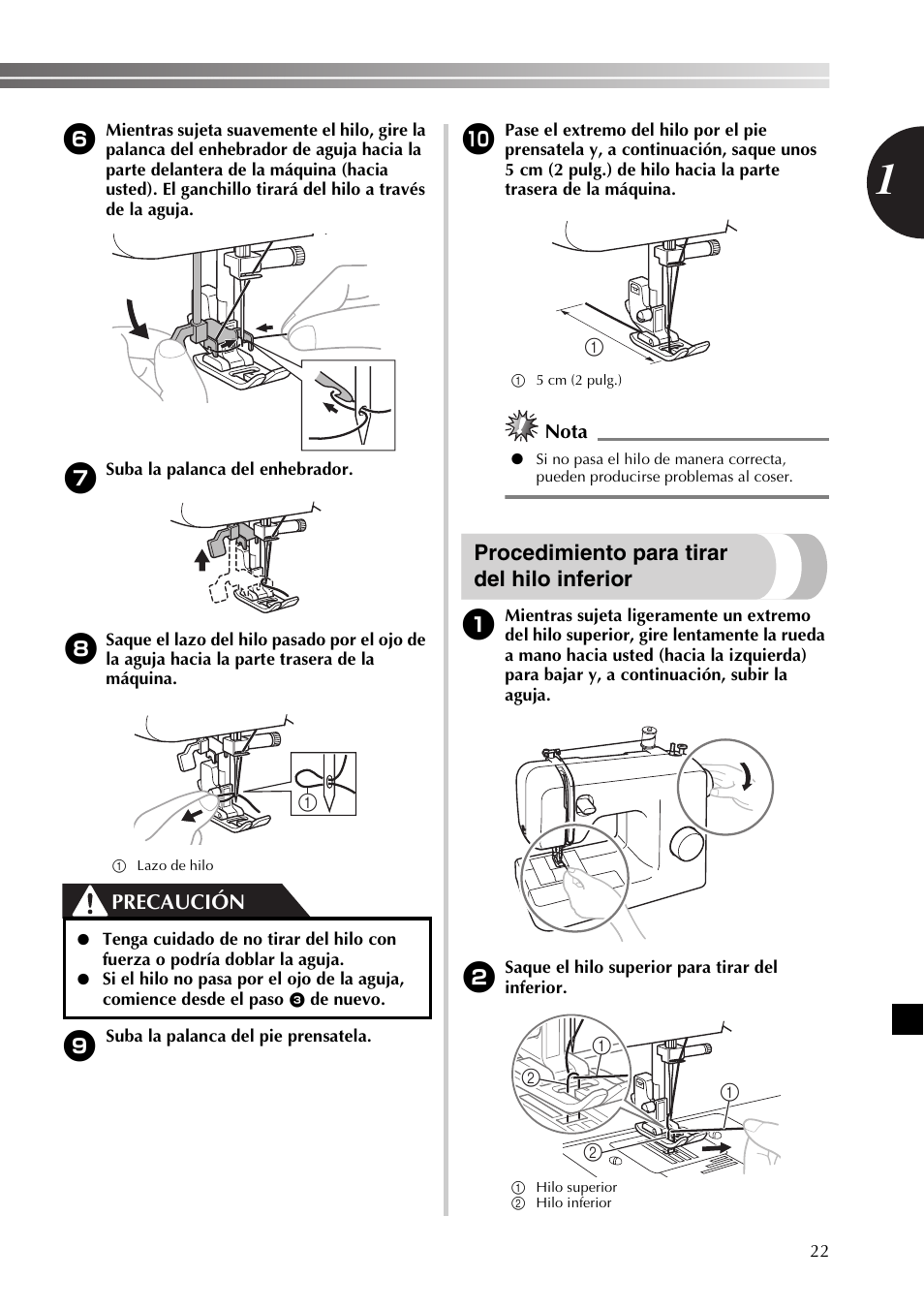 Procedimiento para tirar del hilo inferior, Precaución, Nota | Brother XR53 User Manual | Page 75 / 108