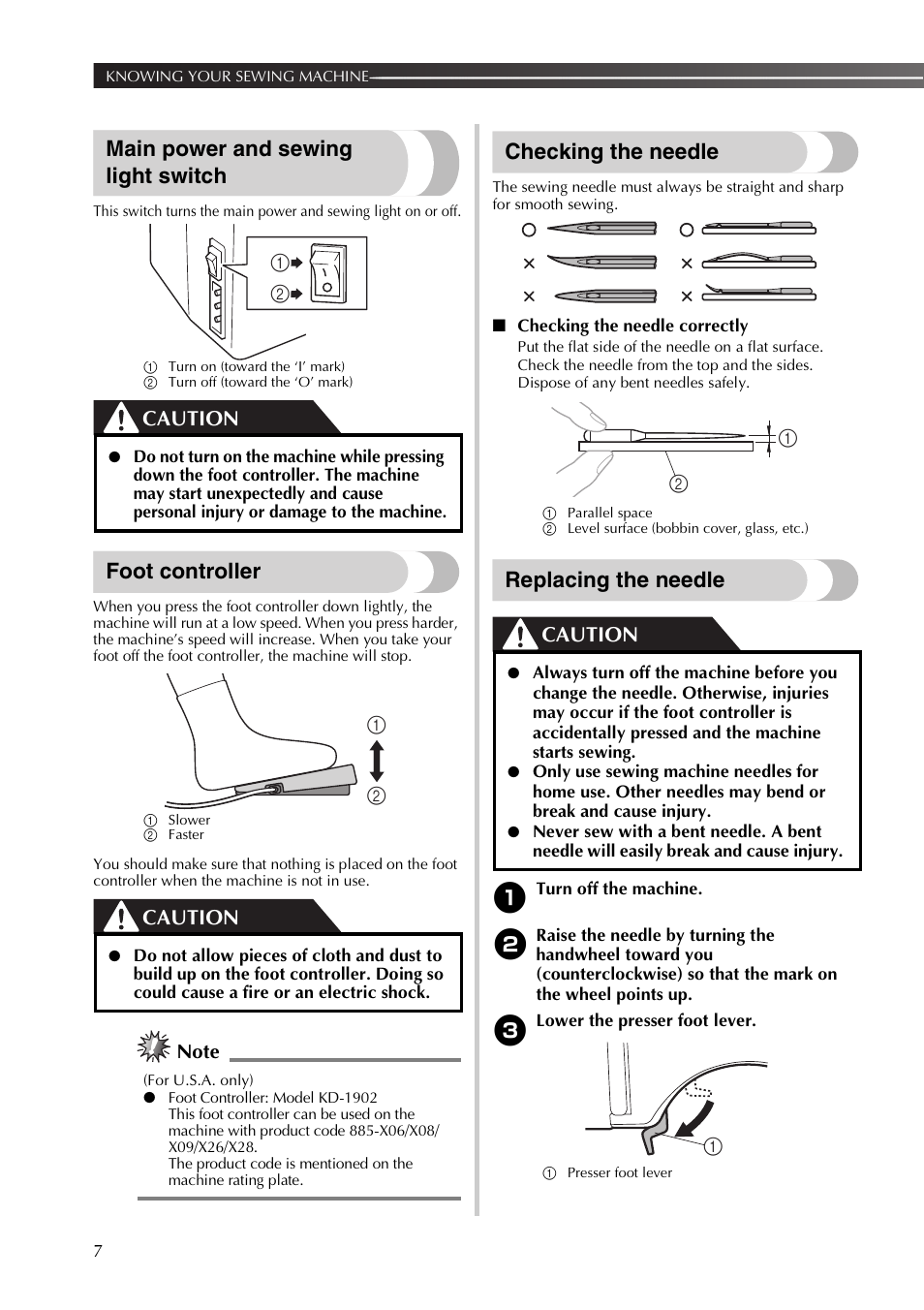 Main power and sewing light switch, Foot controller, Checking the needle | Replacing the needle, Caution | Brother XR53 User Manual | Page 8 / 108