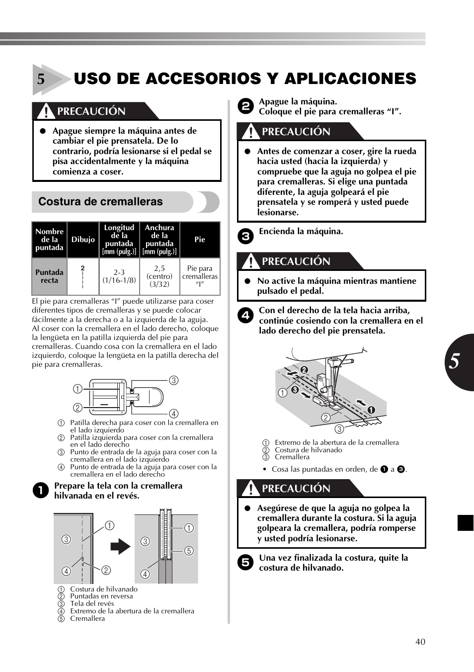 5uso de accesorios y aplicaciones, Costura de cremalleras, Precaución | Brother XR53 User Manual | Page 93 / 108