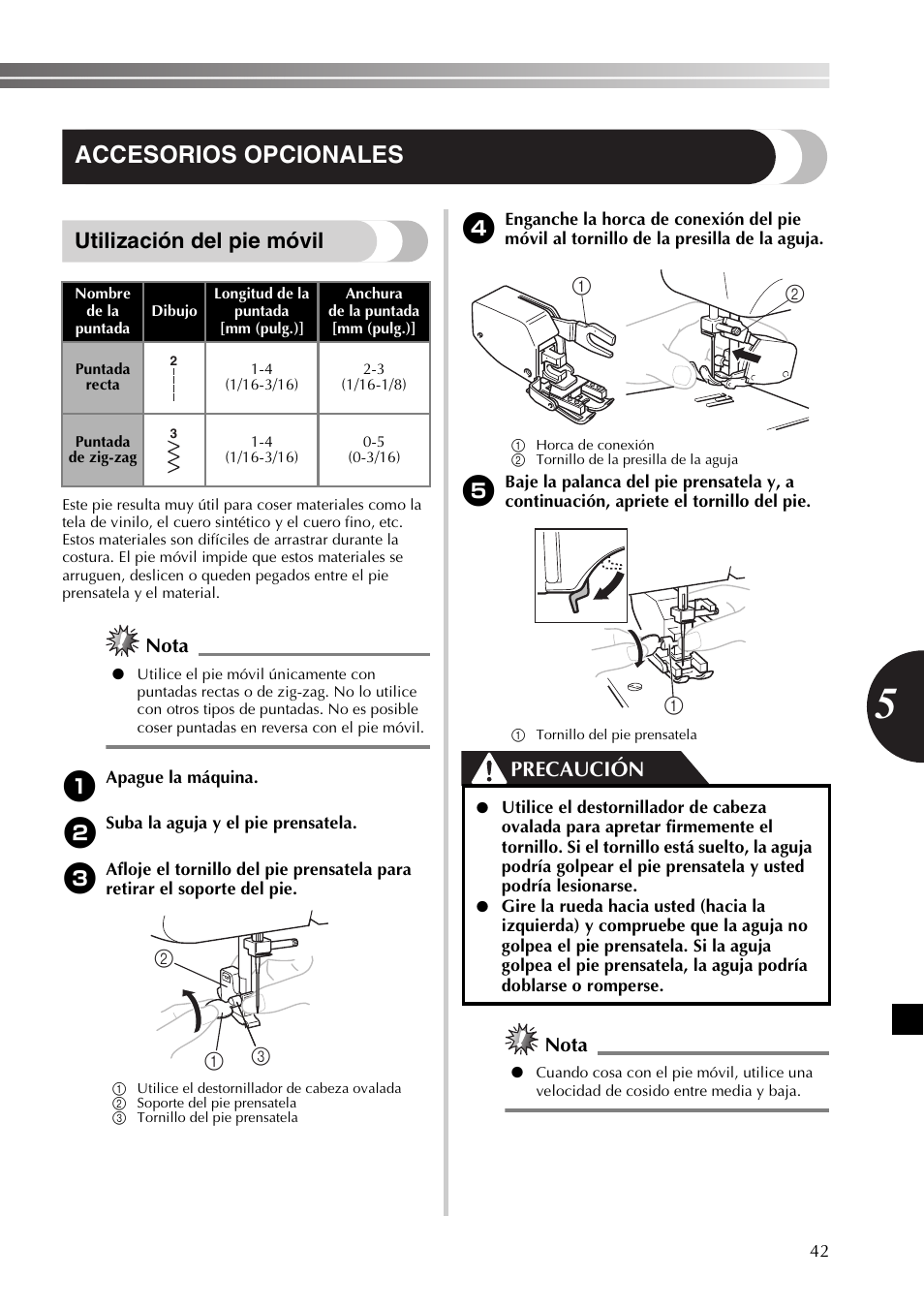 Accesorios opcionales, Utilización del pie móvil, Precaución | Nota | Brother XR53 User Manual | Page 95 / 108