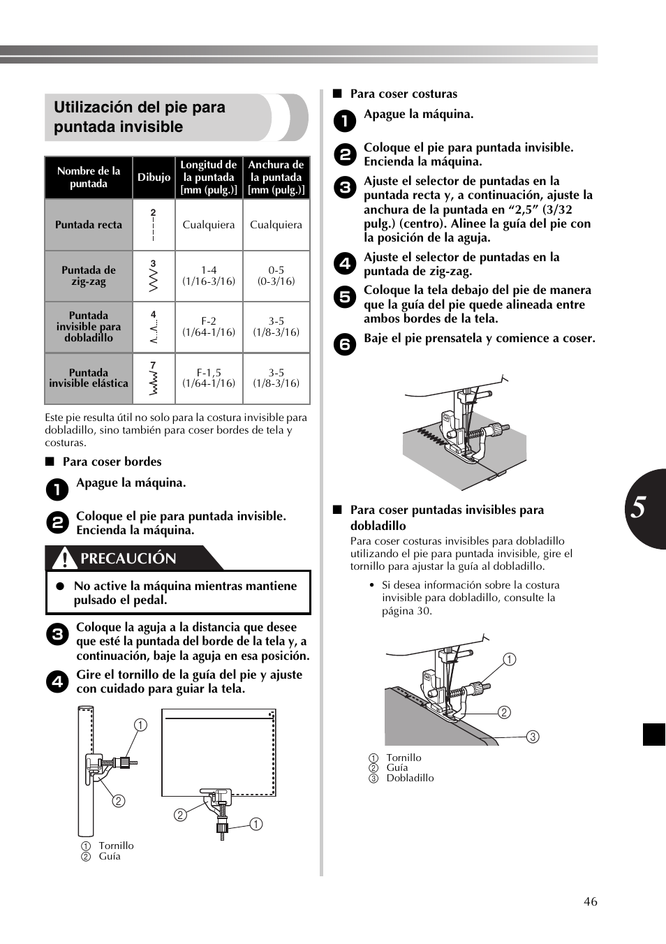 Utilización del pie para puntada invisible, Precaución | Brother XR53 User Manual | Page 99 / 108