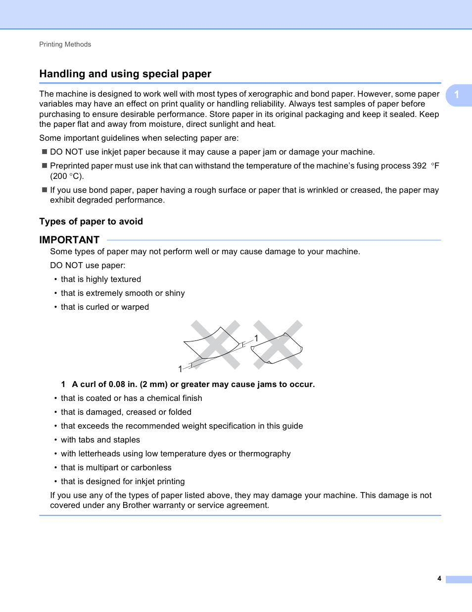 Handling and using special paper, Types of paper to avoid, 1handling and using special paper | Important | Brother HL-3170CDW User Manual | Page 10 / 206