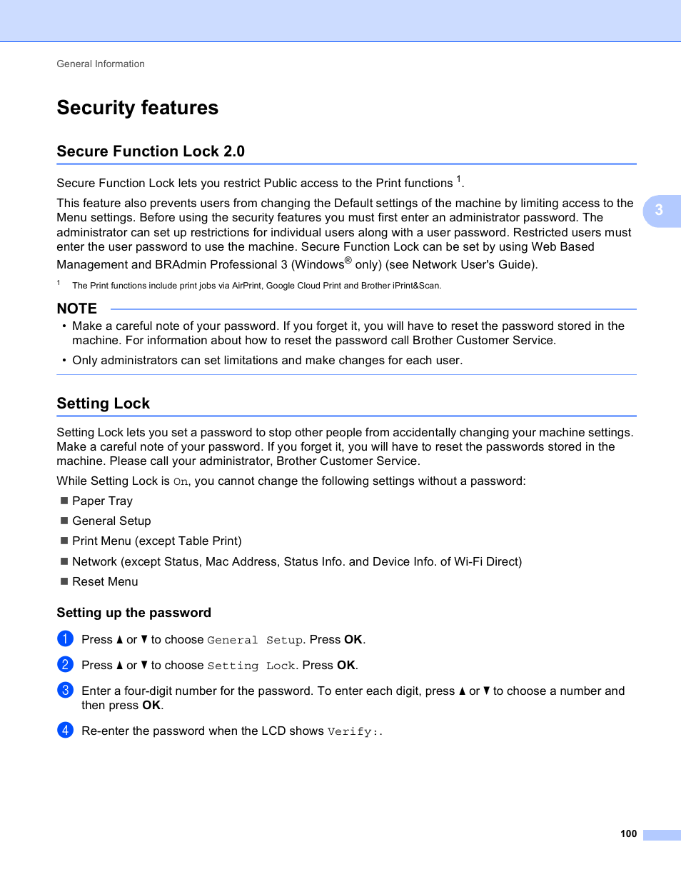 Security features, Secure function lock 2.0, Setting lock | Setting up the password, Secure function lock 2.0 setting lock | Brother HL-3170CDW User Manual | Page 106 / 206
