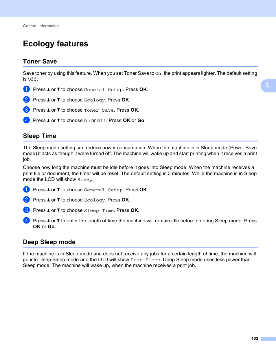 Ecology features, Toner save, Sleep time | Deep sleep mode, Toner save sleep time deep sleep mode | Brother HL-3170CDW User Manual | Page 108 / 206