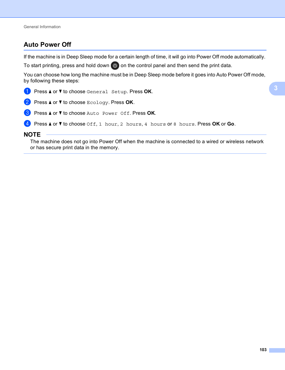 Auto power off, 3auto power off | Brother HL-3170CDW User Manual | Page 109 / 206