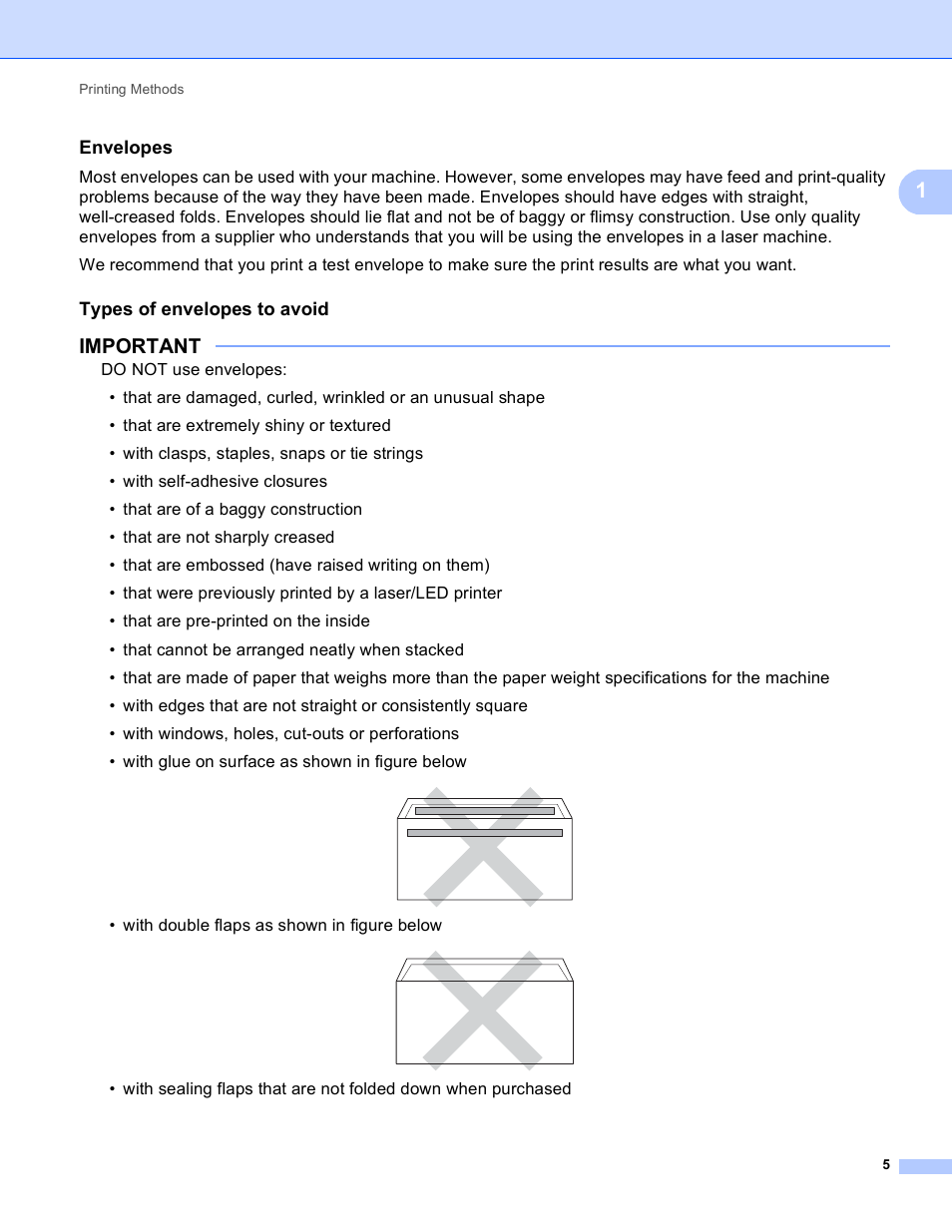 Envelopes, Types of envelopes to avoid, Important | Brother HL-3170CDW User Manual | Page 11 / 206