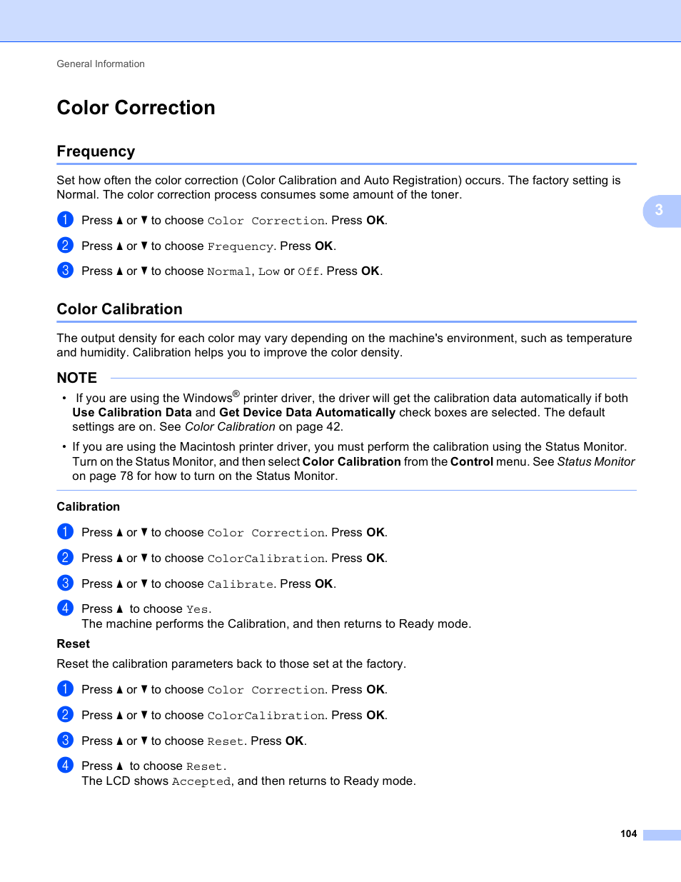 Color correction, Frequency, Color calibration | Frequency color calibration | Brother HL-3170CDW User Manual | Page 110 / 206