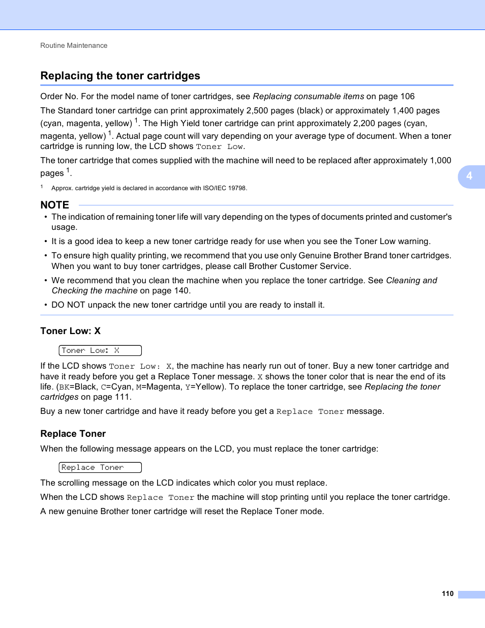 Replacing the toner cartridges, Toner low: x, Replace toner | 4replacing the toner cartridges | Brother HL-3170CDW User Manual | Page 116 / 206