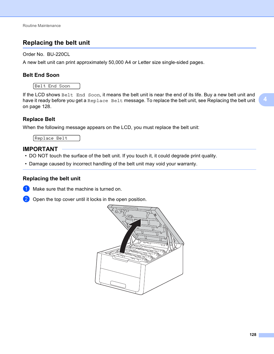 Replacing the belt unit, Belt end soon, Replace belt | E 128, 4replacing the belt unit, Important | Brother HL-3170CDW User Manual | Page 134 / 206