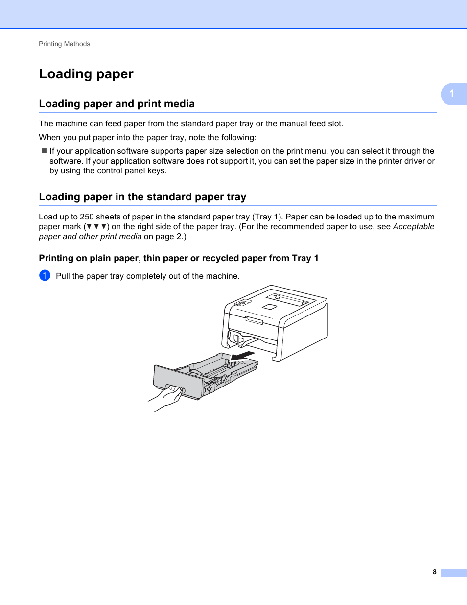 Loading paper, Loading paper and print media, Loading paper in the standard paper tray | Brother HL-3170CDW User Manual | Page 14 / 206