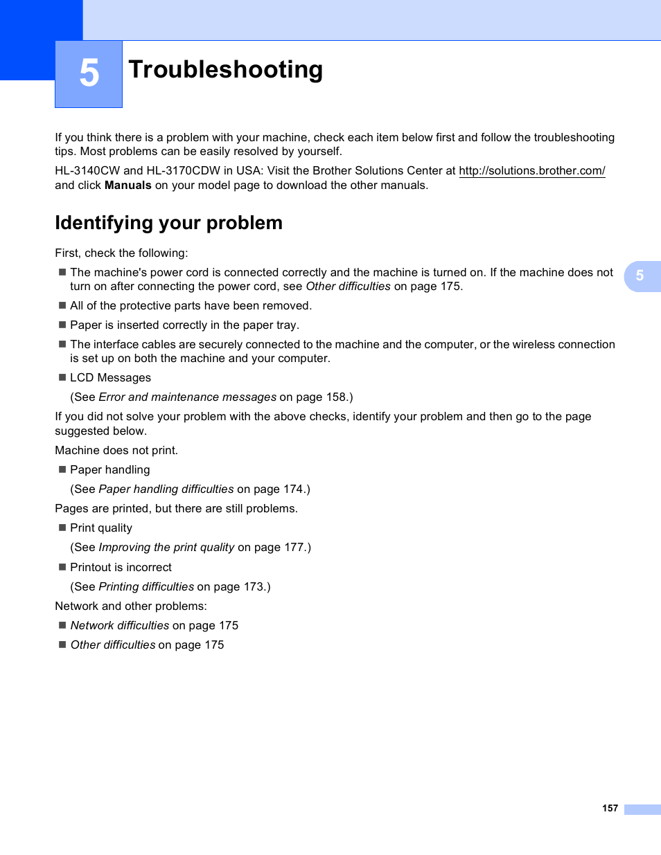 5 troubleshooting, Identifying your problem, Troubleshooting | Brother HL-3170CDW User Manual | Page 163 / 206