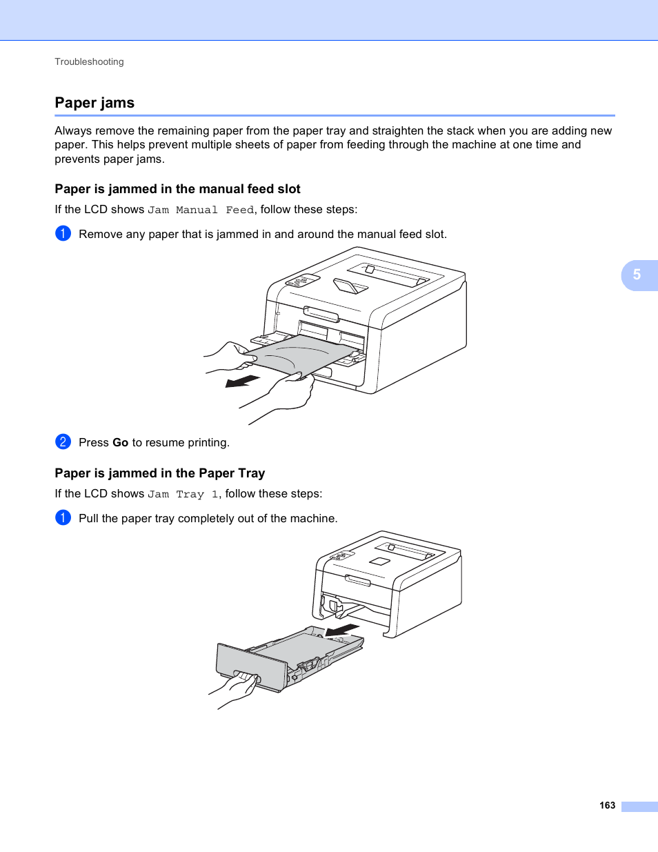 Paper jams, Paper is jammed in the manual feed slot, Paper is jammed in the paper tray | 5paper jams | Brother HL-3170CDW User Manual | Page 169 / 206