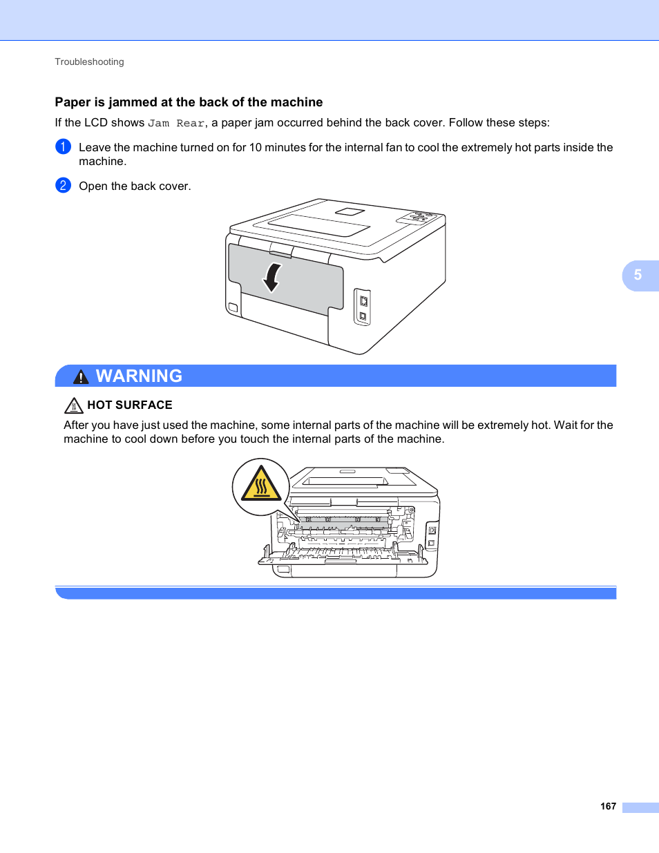 Paper is jammed at the back of the machine, Warning | Brother HL-3170CDW User Manual | Page 173 / 206