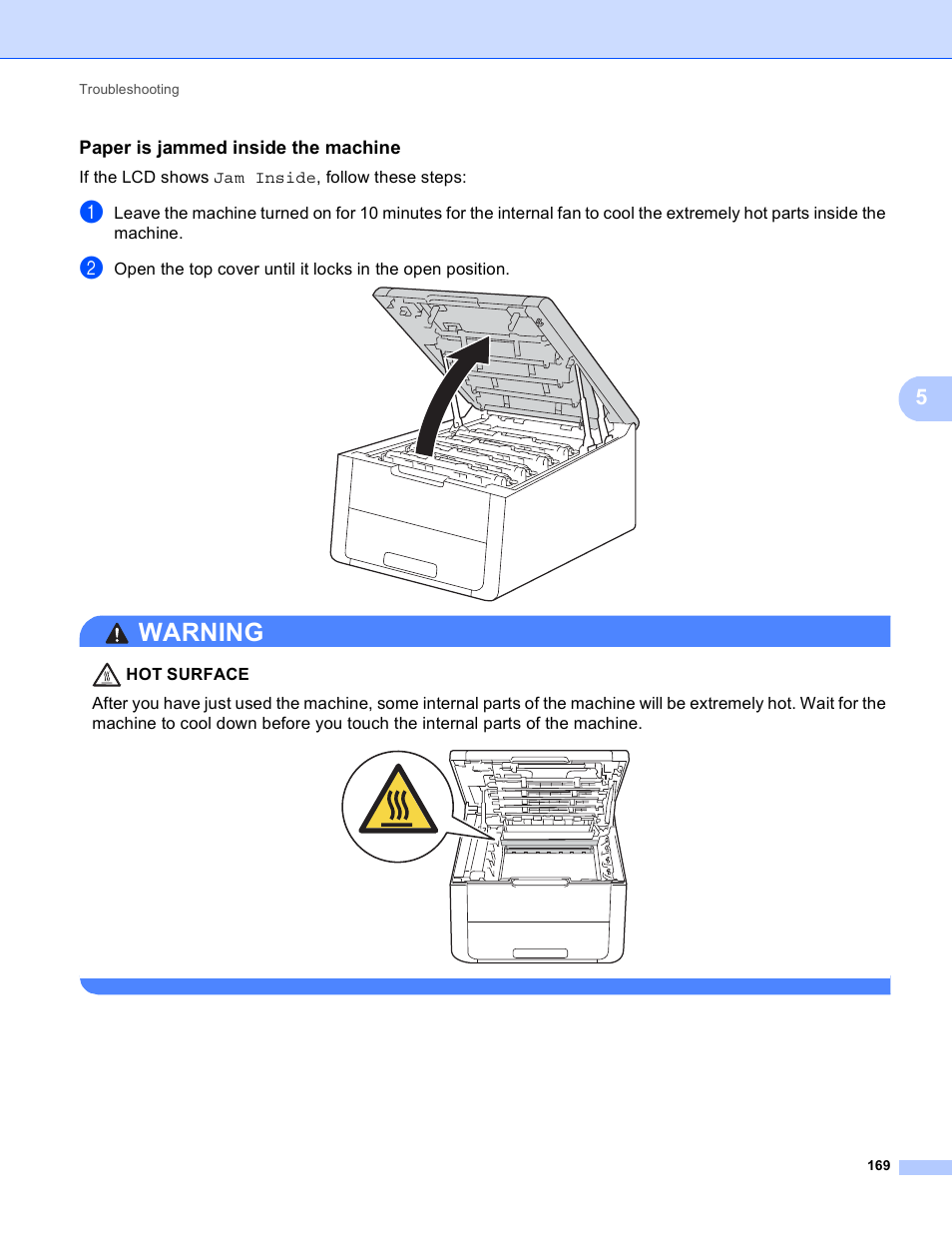 Paper is jammed inside the machine, Warning | Brother HL-3170CDW User Manual | Page 175 / 206