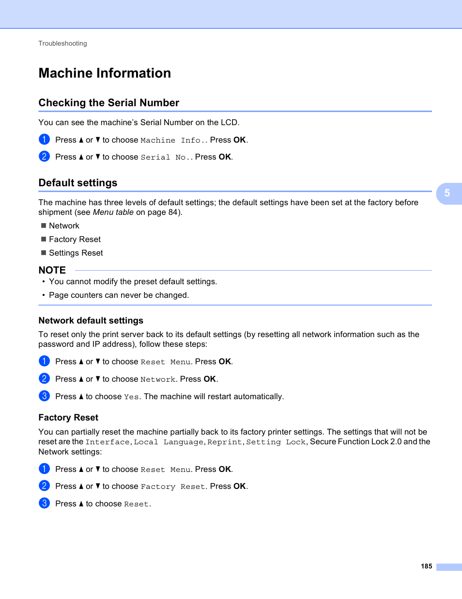 Machine information, Checking the serial number, Default settings | Network default settings, Factory reset, Checking the serial number default settings | Brother HL-3170CDW User Manual | Page 191 / 206