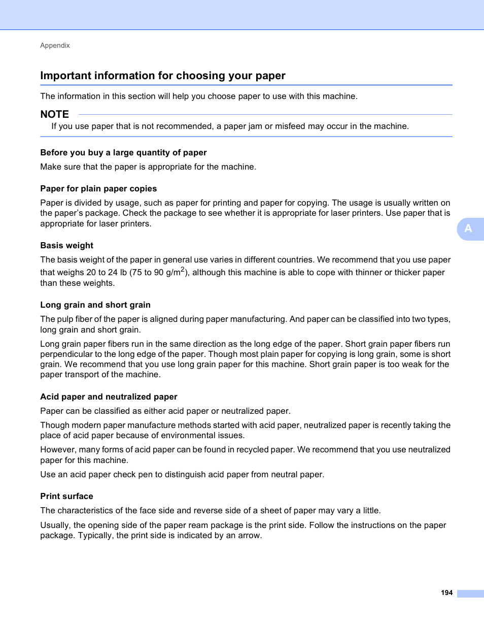 Important information for choosing your paper, Aimportant information for choosing your paper, Before you buy a large quantity of paper | Brother HL-3170CDW User Manual | Page 200 / 206