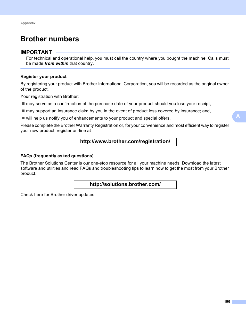Brother numbers, Important | Brother HL-3170CDW User Manual | Page 202 / 206