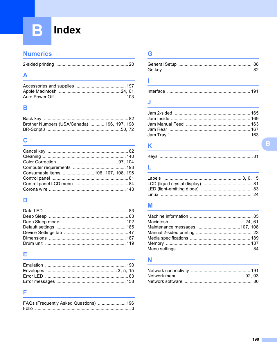 Index, Bnumerics | Brother HL-3170CDW User Manual | Page 205 / 206