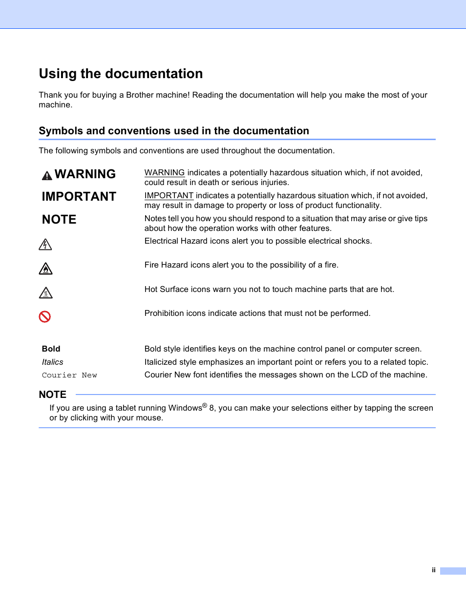 Using the documentation, Symbols and conventions used in the documentation, Warning | Important | Brother HL-3170CDW User Manual | Page 3 / 206