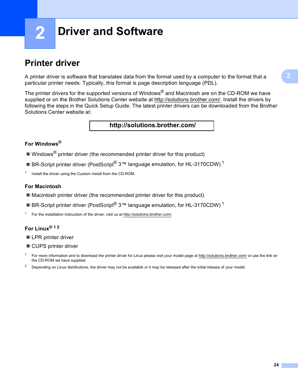 2 driver and software, Printer driver, Driver and software | Driver and software in chapter 2 | Brother HL-3170CDW User Manual | Page 30 / 206