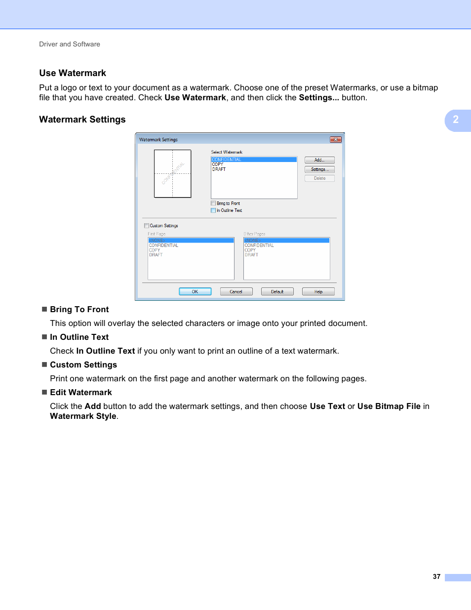 Use watermark, Watermark settings | Brother HL-3170CDW User Manual | Page 43 / 206