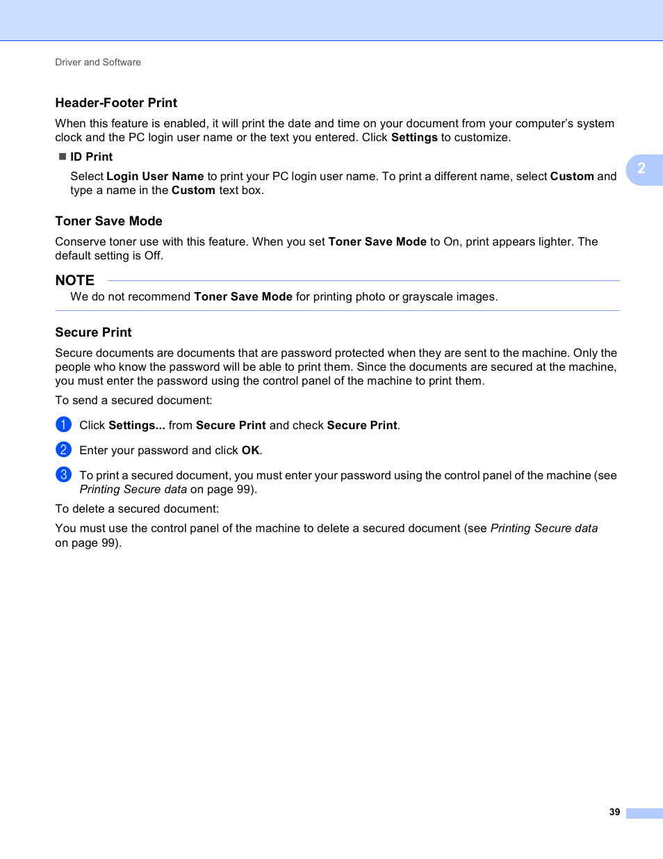Header-footer print, Toner save mode, Secure print | Brother HL-3170CDW User Manual | Page 45 / 206