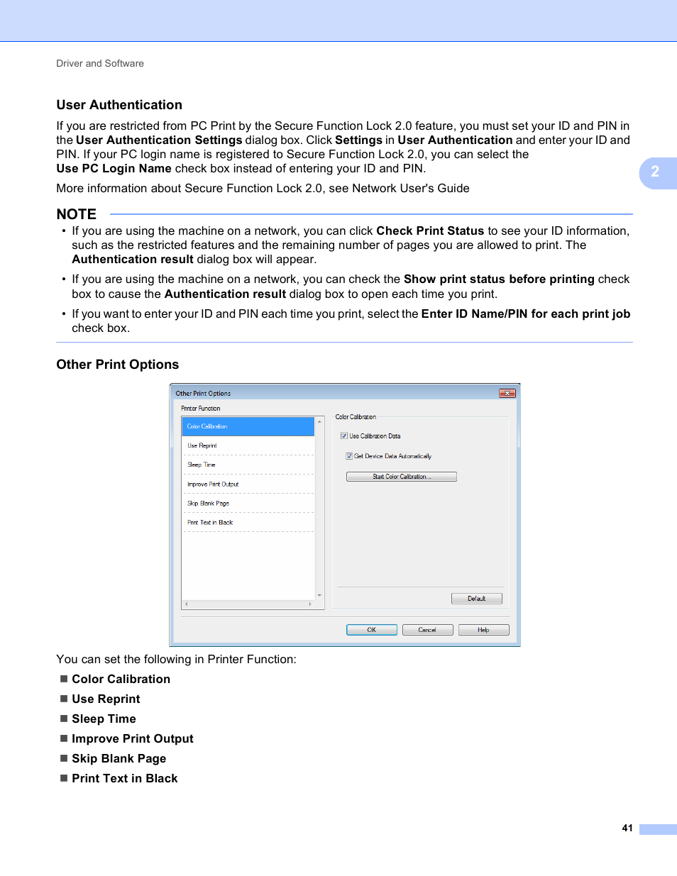 User authentication, Other print options | Brother HL-3170CDW User Manual | Page 47 / 206
