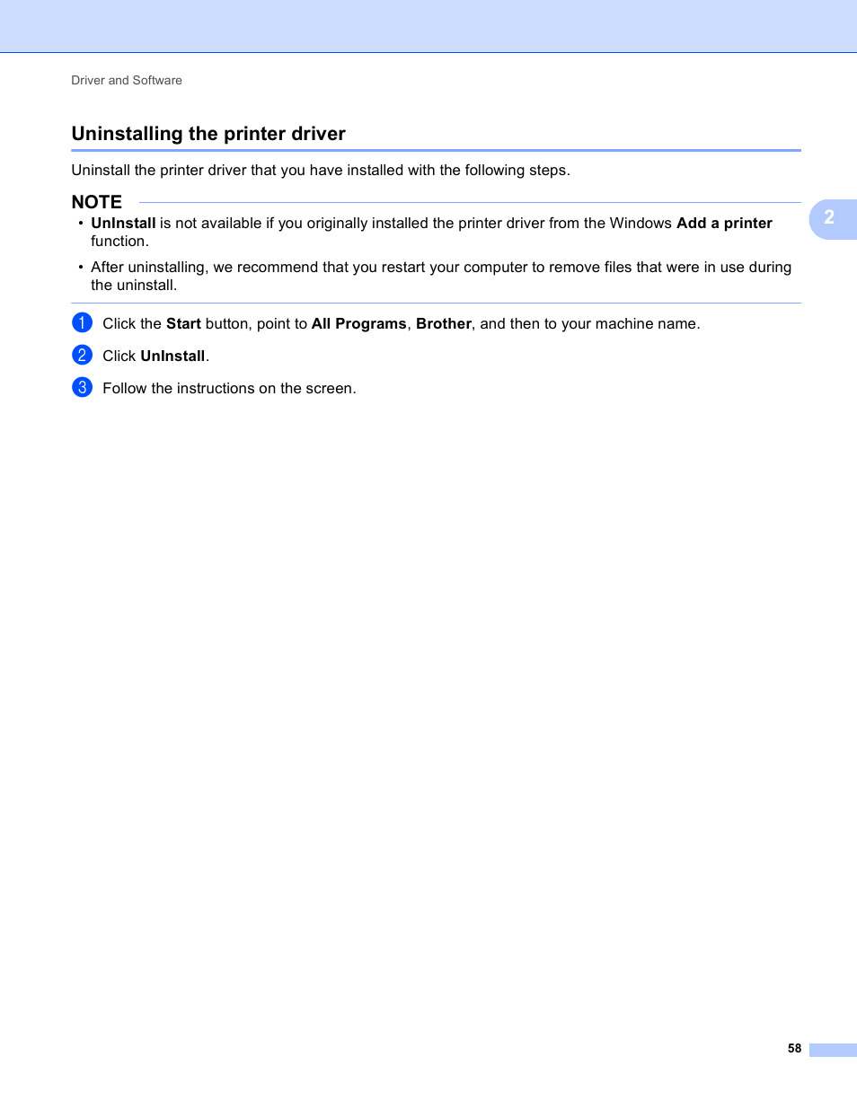 Uninstalling the printer driver, 2uninstalling the printer driver | Brother HL-3170CDW User Manual | Page 64 / 206