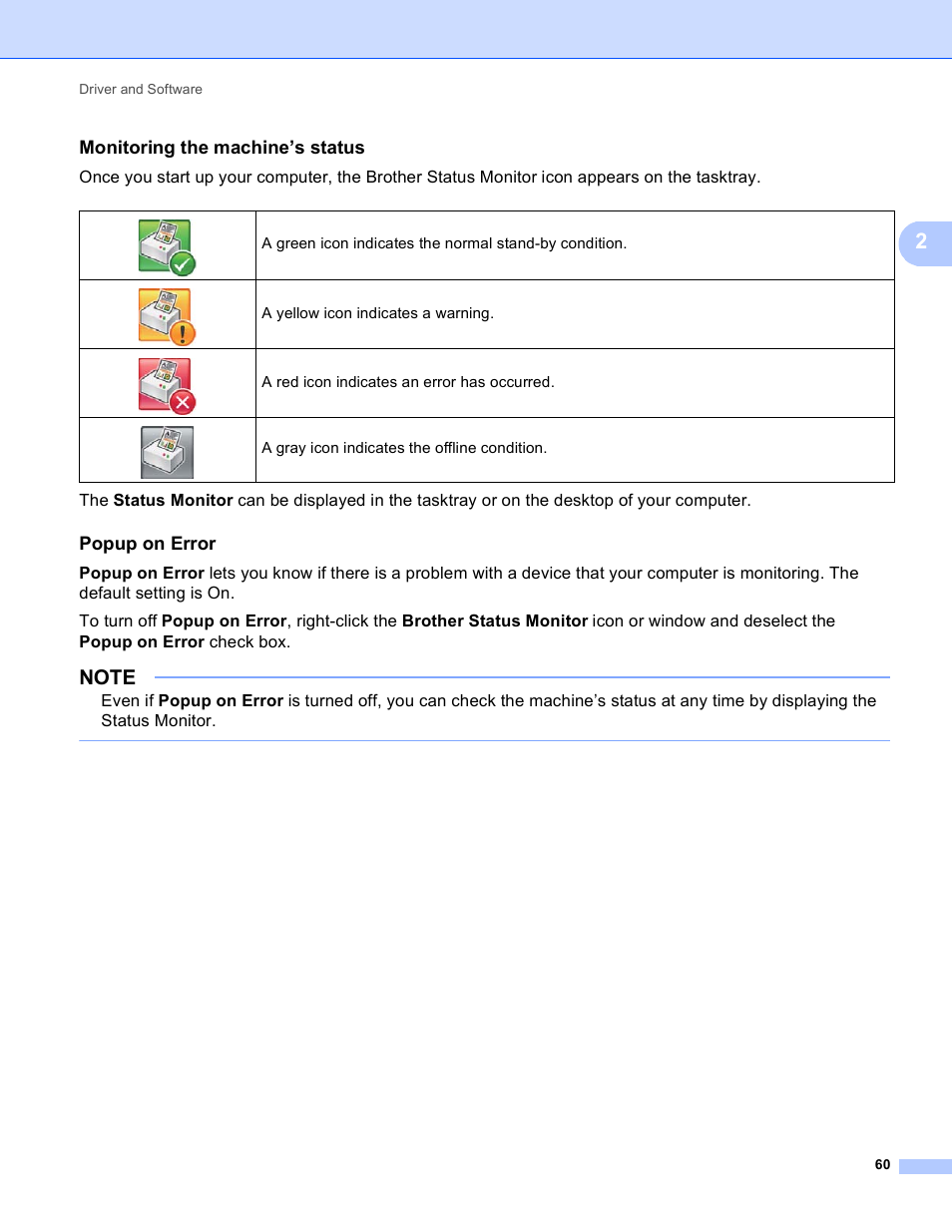 Monitoring the machine’s status, Popup on error, A yellow icon indicates a warning | A red icon indicates an error has occurred, A gray icon indicates the offline condition | Brother HL-3170CDW User Manual | Page 66 / 206