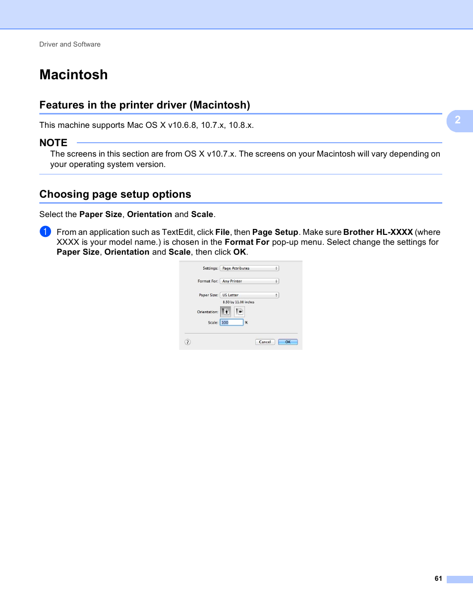 Macintosh, Features in the printer driver (macintosh), Choosing page setup options | Brother HL-3170CDW User Manual | Page 67 / 206