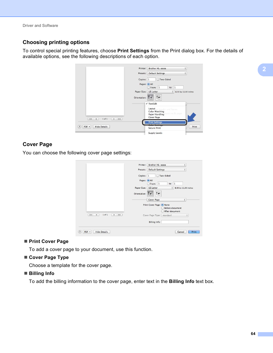 Choosing printing options, Cover page | Brother HL-3170CDW User Manual | Page 70 / 206