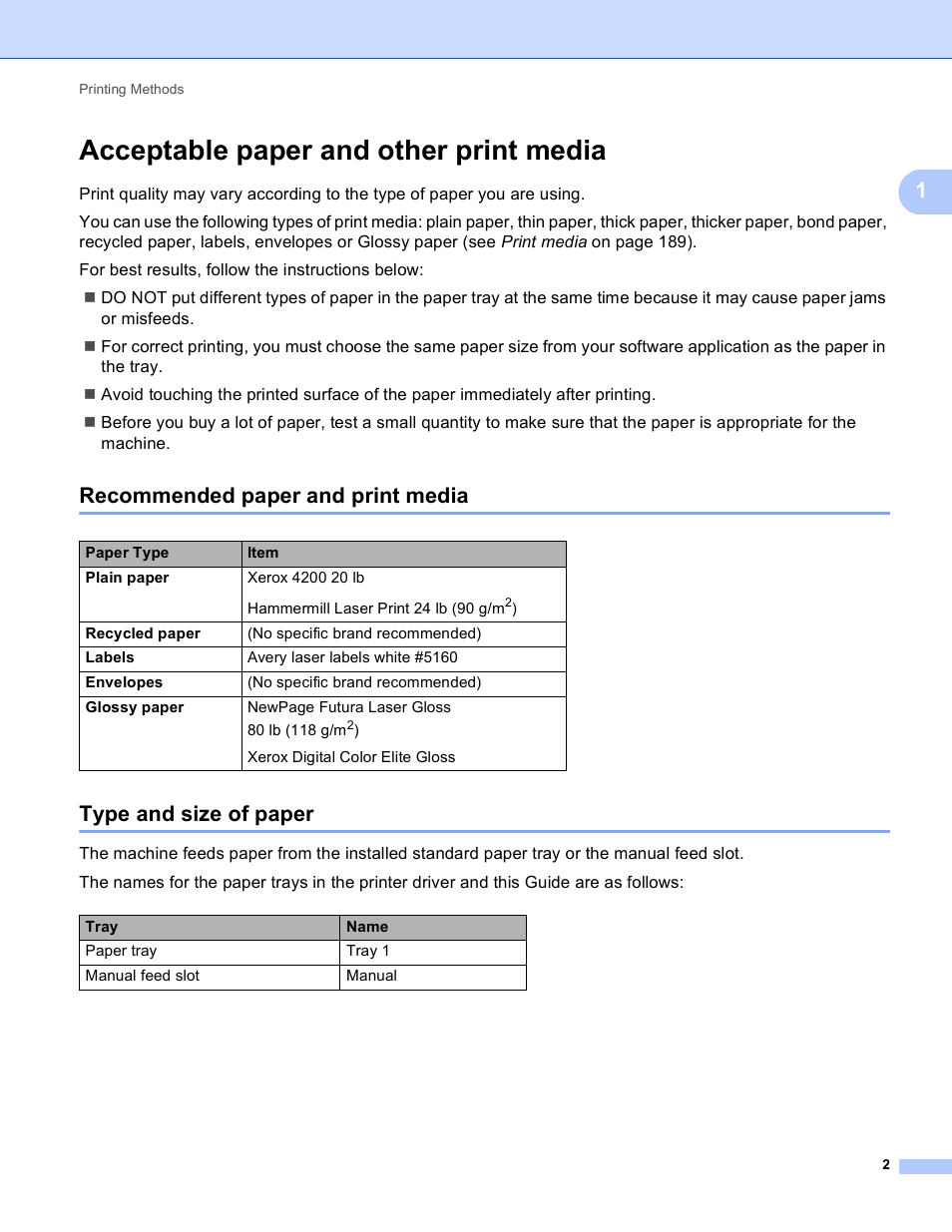 Acceptable paper and other print media, Recommended paper and print media, Type and size of paper | Brother HL-3170CDW User Manual | Page 8 / 206