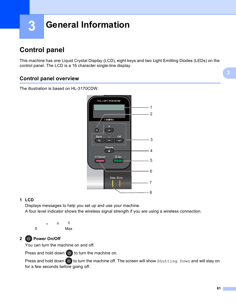 3 general information, Control panel, Control panel overview | General information | Brother HL-3170CDW User Manual | Page 87 / 206