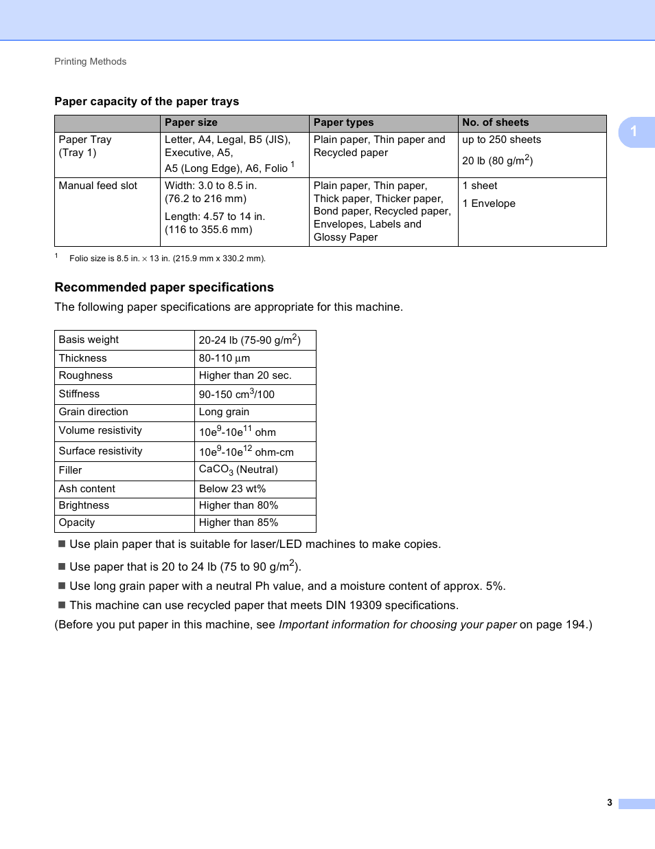 Recommended paper specifications | Brother HL-3170CDW User Manual | Page 9 / 206