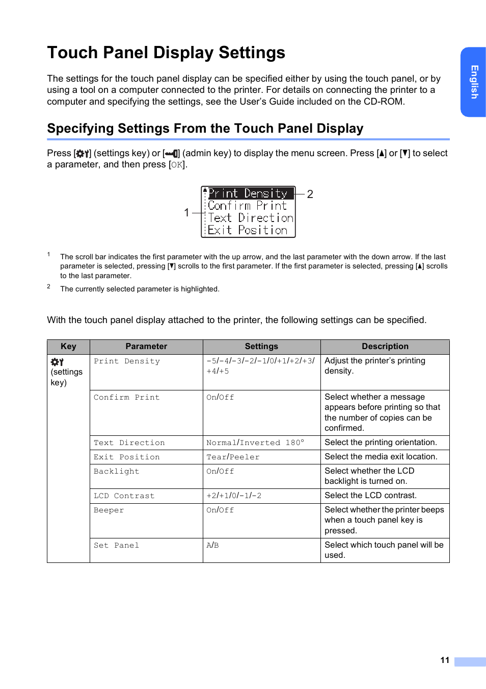 Touch panel display settings, Specifying settings from the touch panel display | Brother TD-2120N User Manual | Page 12 / 27