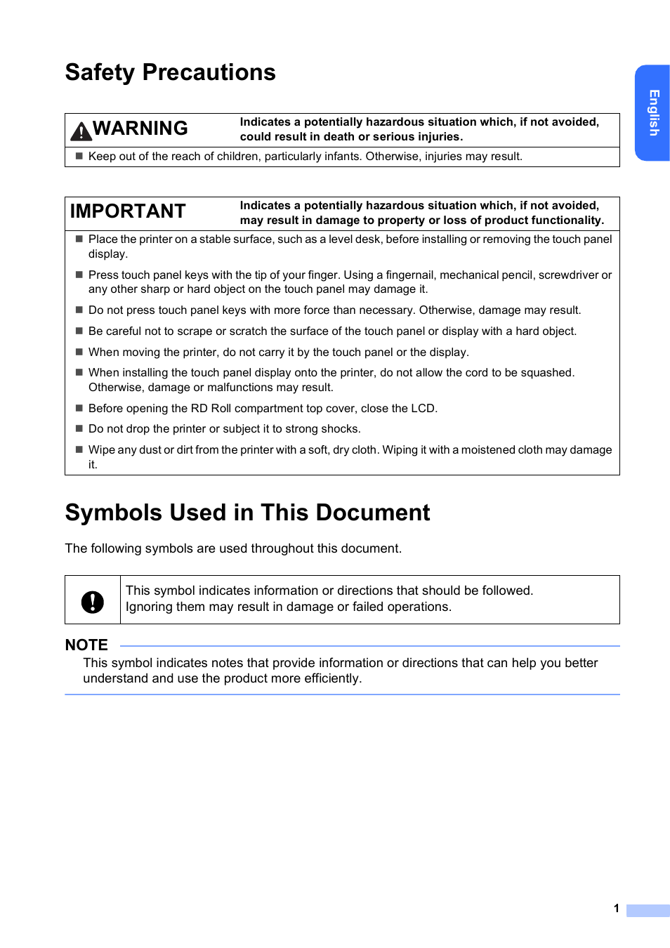 Safety precautions, Symbols used in this document, Safety precautions symbols used in this document | Warning, Important | Brother TD-2120N User Manual | Page 2 / 27