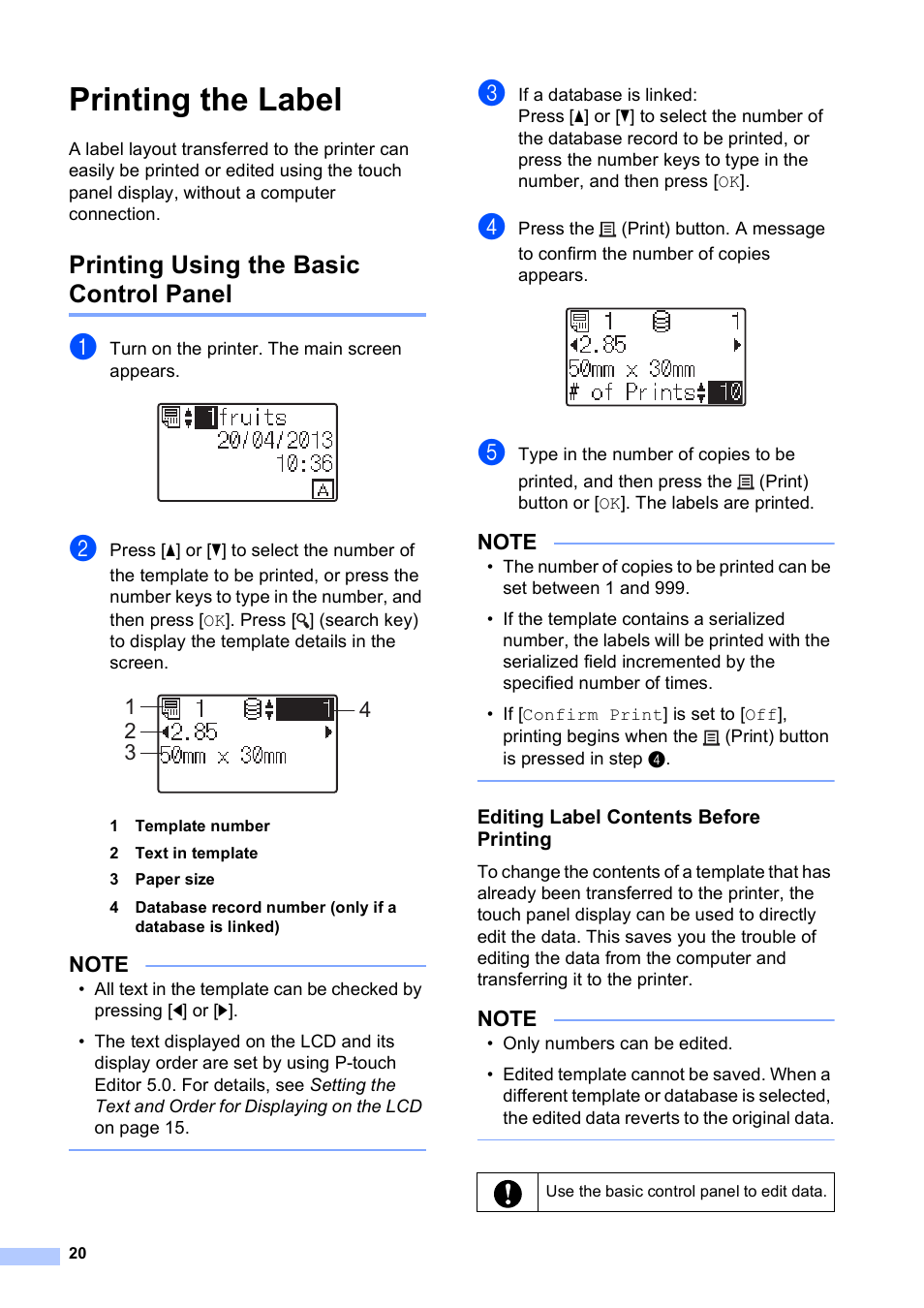 Printing the label, Printing using the basic control panel, Editing label contents before printing | Brother TD-2120N User Manual | Page 21 / 27