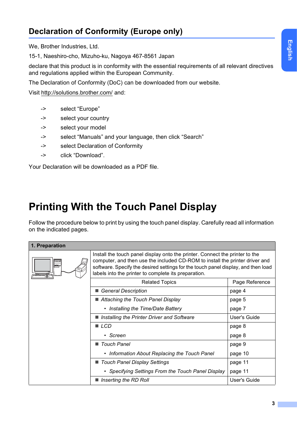 Declaration of conformity (europe only), Printing with the touch panel display | Brother TD-2120N User Manual | Page 4 / 27