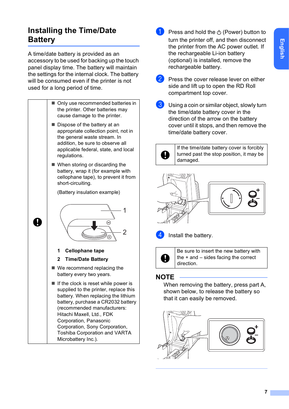 Installing the time/date battery | Brother TD-2120N User Manual | Page 8 / 27