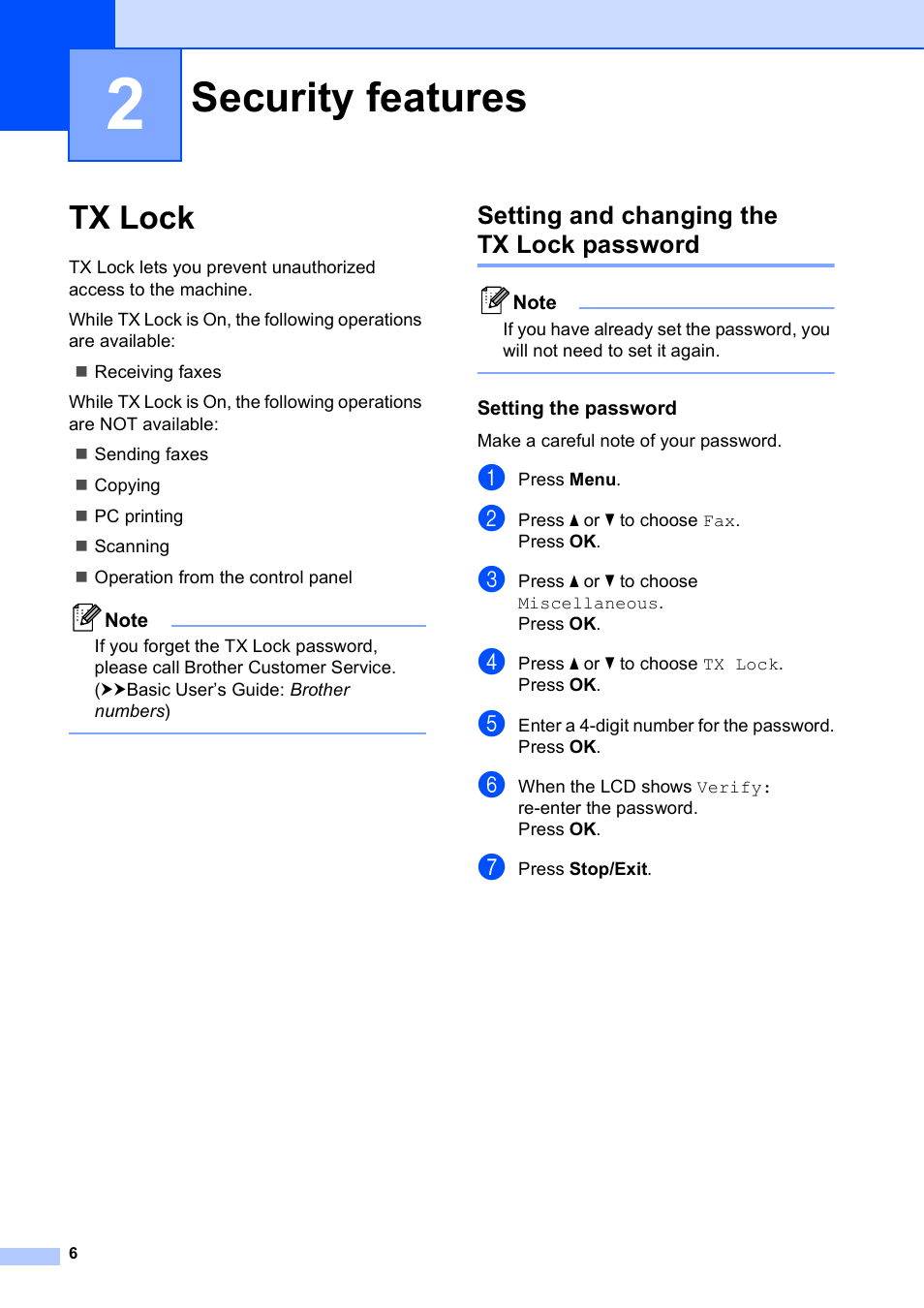2 security features, Tx lock, Setting and changing the tx lock password | Setting the password, Security features | Brother MFC-J435W User Manual | Page 10 / 47