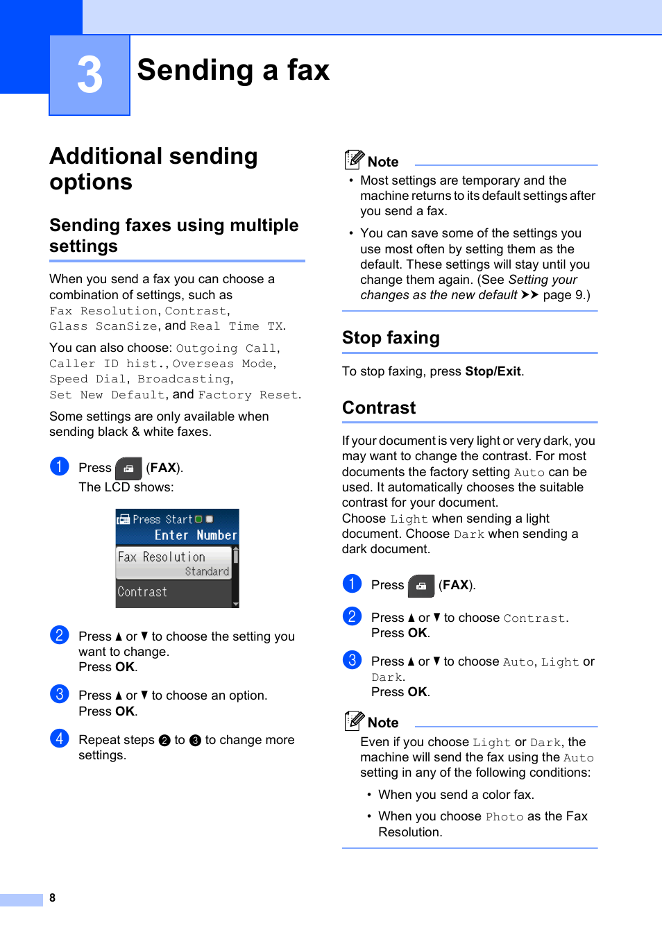 3 sending a fax, Additional sending options, Sending faxes using multiple settings | Stop faxing, Contrast, Sending a fax | Brother MFC-J435W User Manual | Page 12 / 47