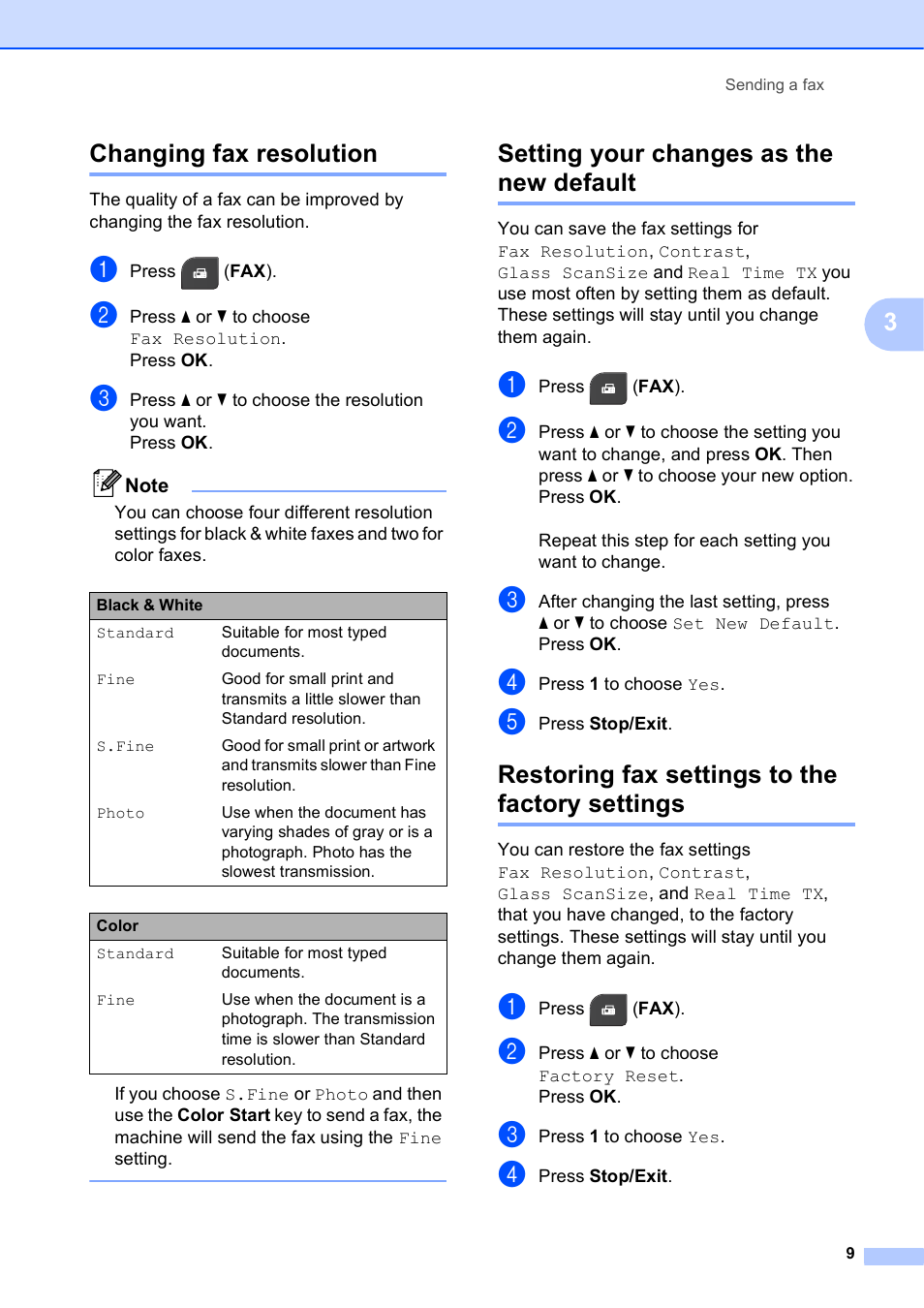 Changing fax resolution, Setting your changes as the new default, Restoring fax settings to the factory settings | 3changing fax resolution | Brother MFC-J435W User Manual | Page 13 / 47
