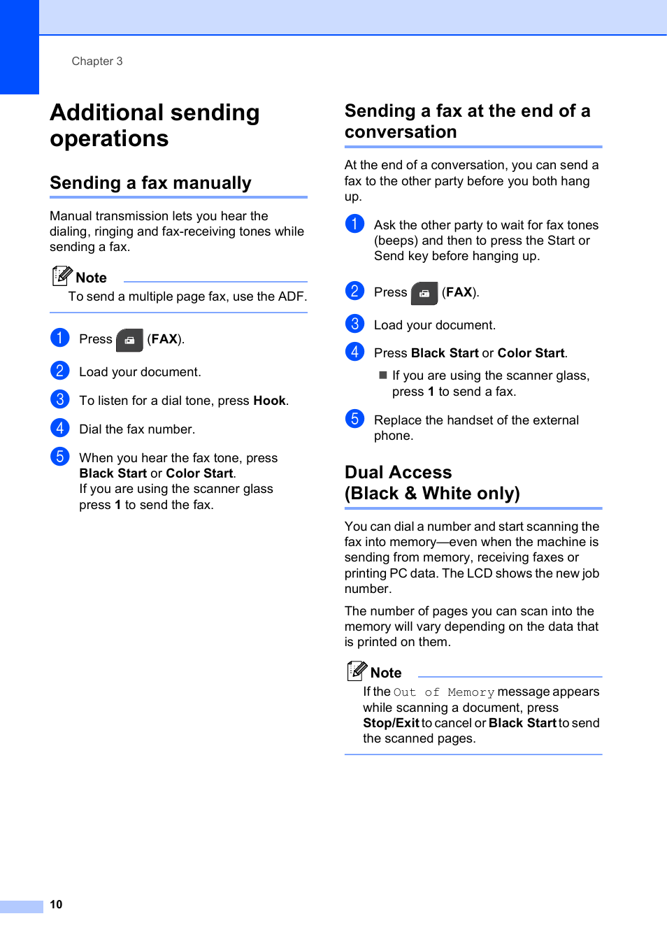 Additional sending operations, Sending a fax manually, Sending a fax at the end of a conversation | Dual access (black & white only) | Brother MFC-J435W User Manual | Page 14 / 47