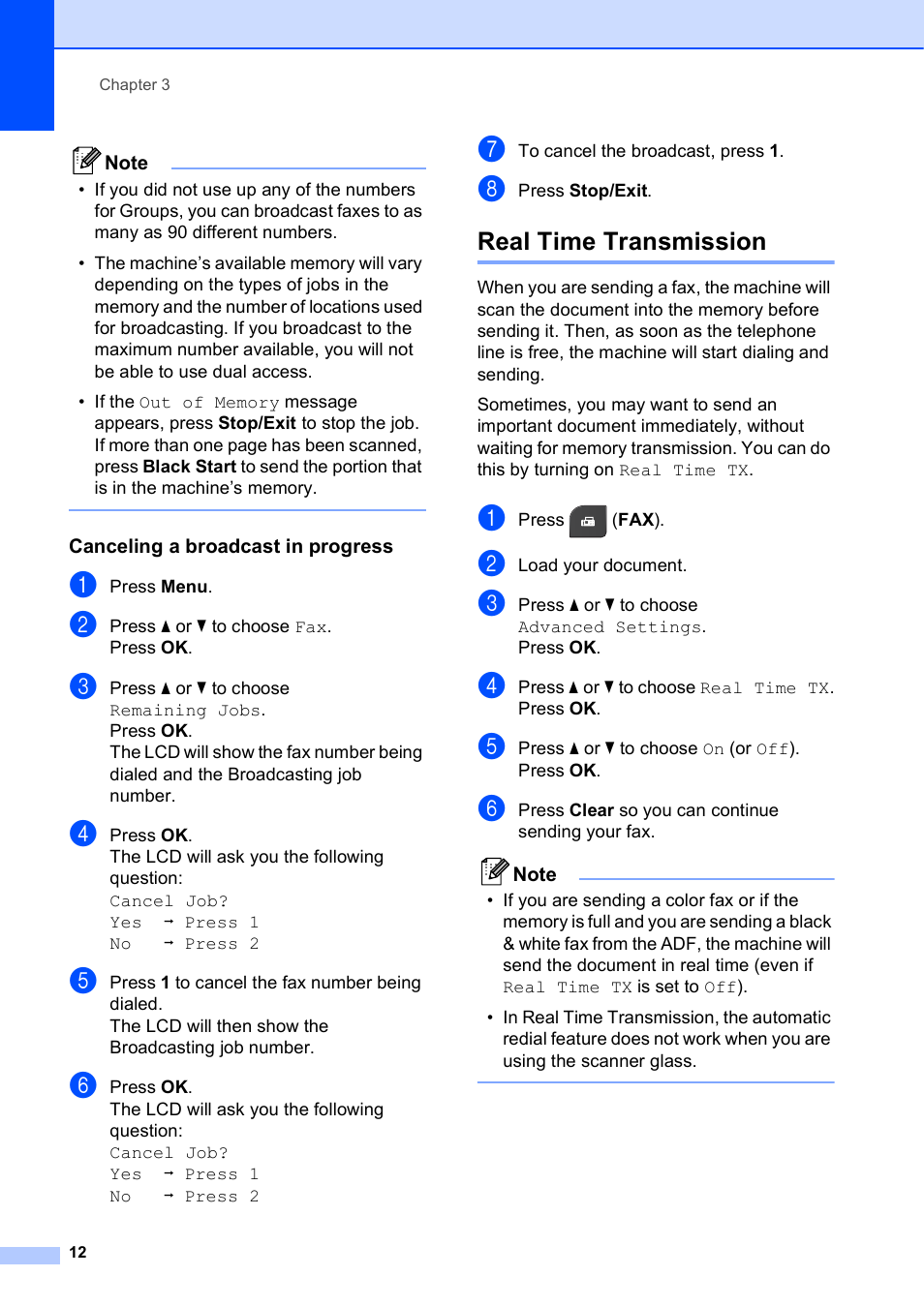 Canceling a broadcast in progress, Real time transmission | Brother MFC-J435W User Manual | Page 16 / 47